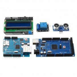 Mega 2560 R3 For Arduino Kit + HC-SR04 + Breadboard Cable + Relay Module + W5100 UNO Shield + LCD 1602 Keypad Shield